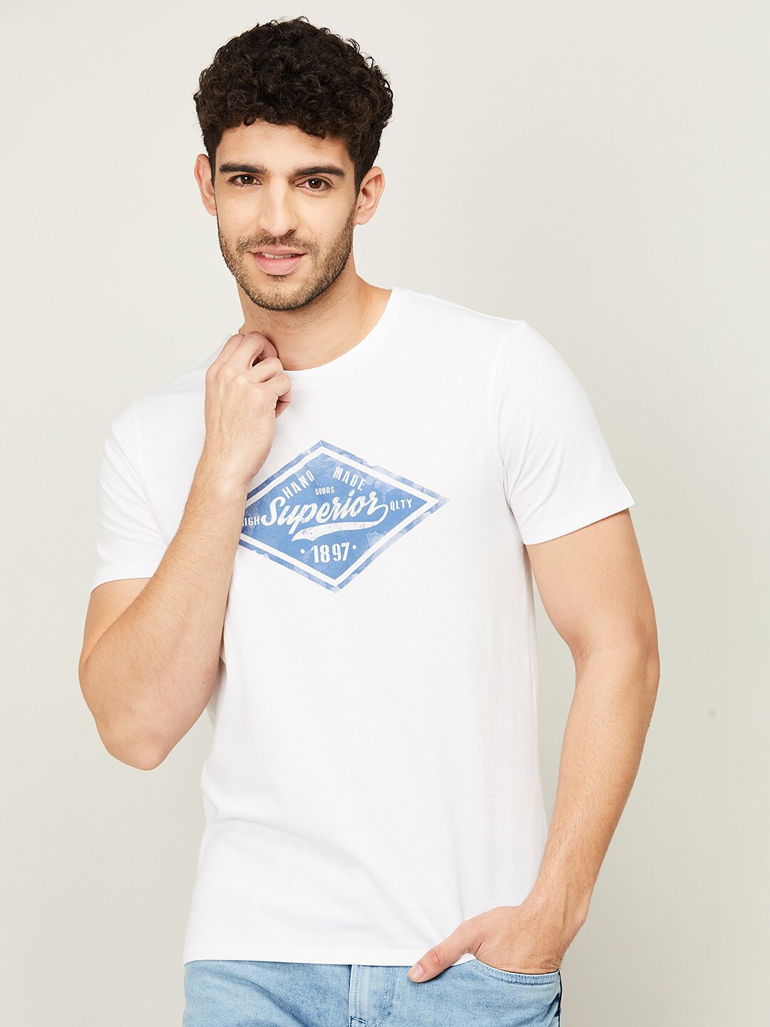 

Forca by Lifestyle Men White & Blue Typography Printed Cotton T-shirt