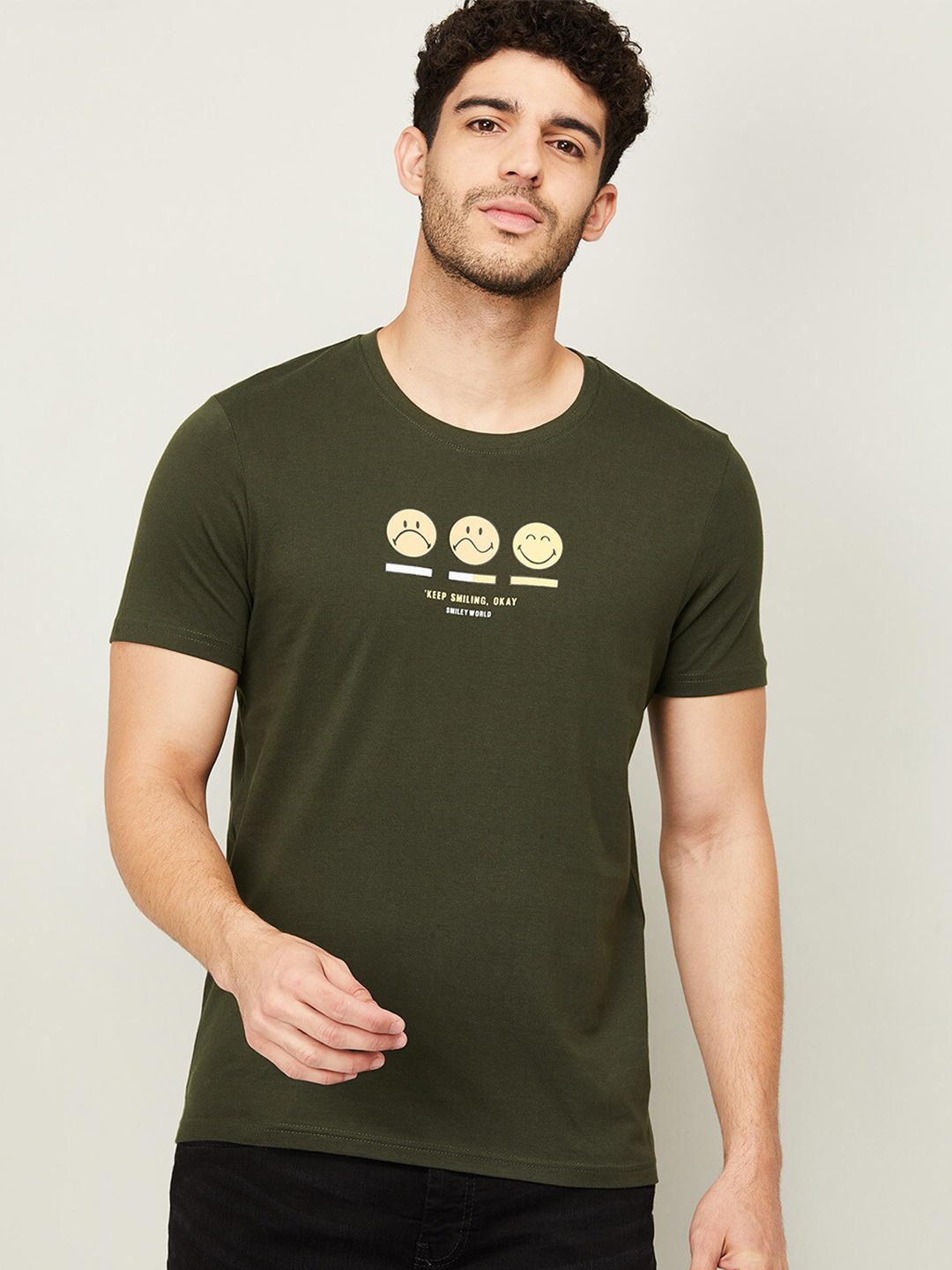 

SmileyWorld Men Olive Green Typography Printed T-shirt
