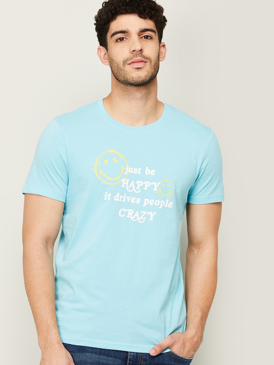 

SmileyWorld Men Blue Typography Printed Cotton T-shirt