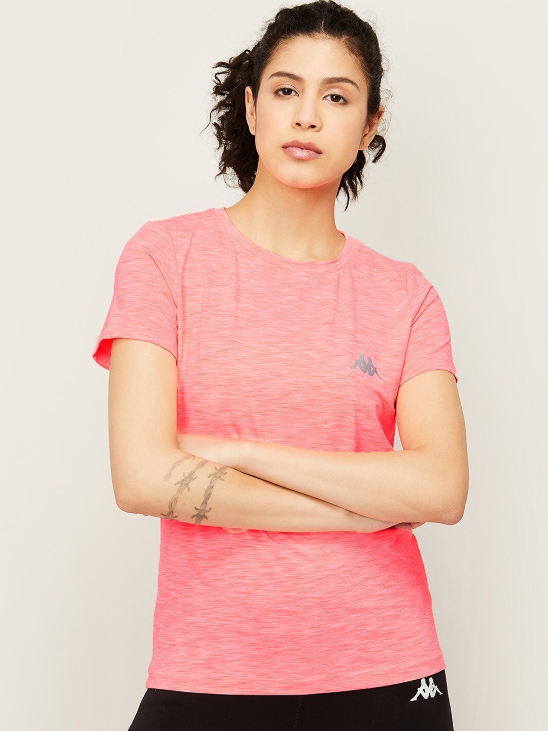 

Kappa Women Peach-Coloured Self Design Cotton T-shirt