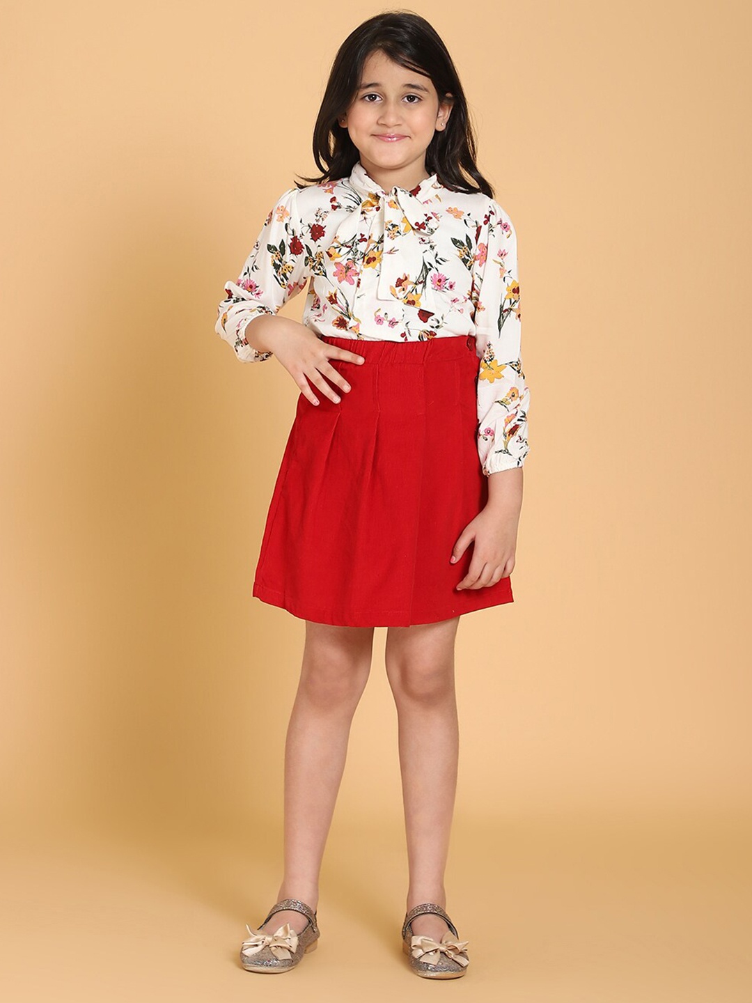 

PICCOLO Girls Red & Off White Printed Top with Skirt