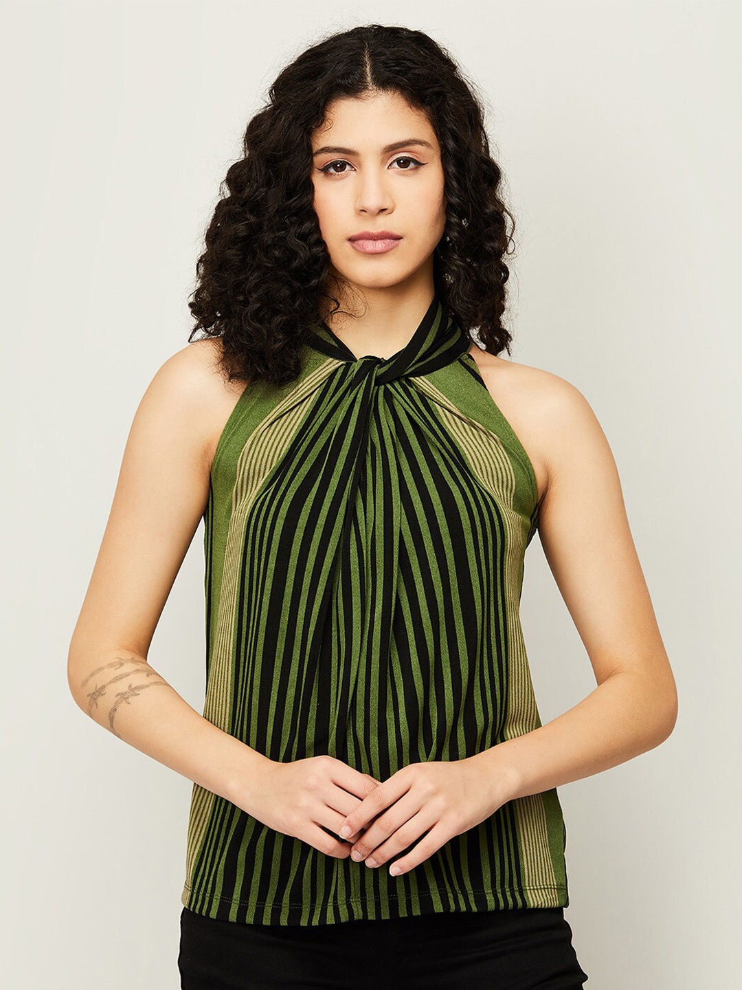 

CODE by Lifestyle Women Olive Green Striped Twisted Top