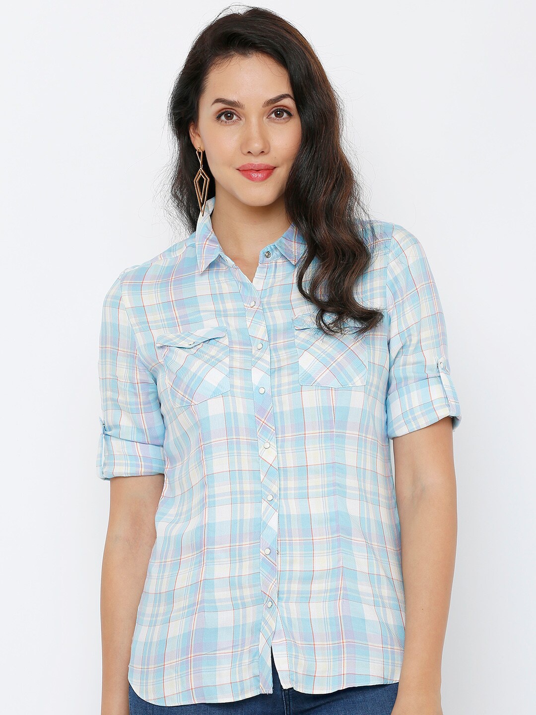 

Kraus Jeans Women Blue Checked Casual Shirt