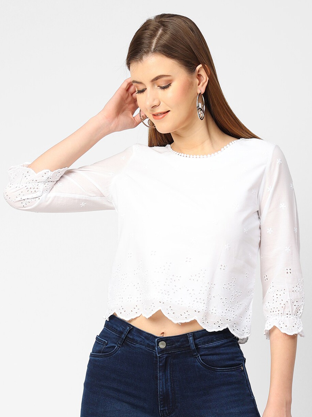 

Kraus Jeans White Embroidered Schiffli Crop Pure Cotton Top