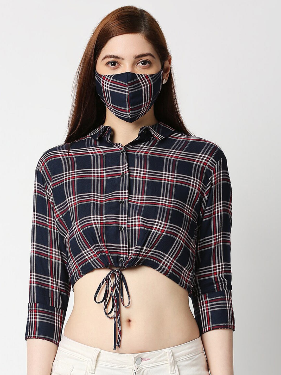 

Kraus Jeans Women Navy Blue Slim Fit Tartan Checked Casual Shirt With Mask