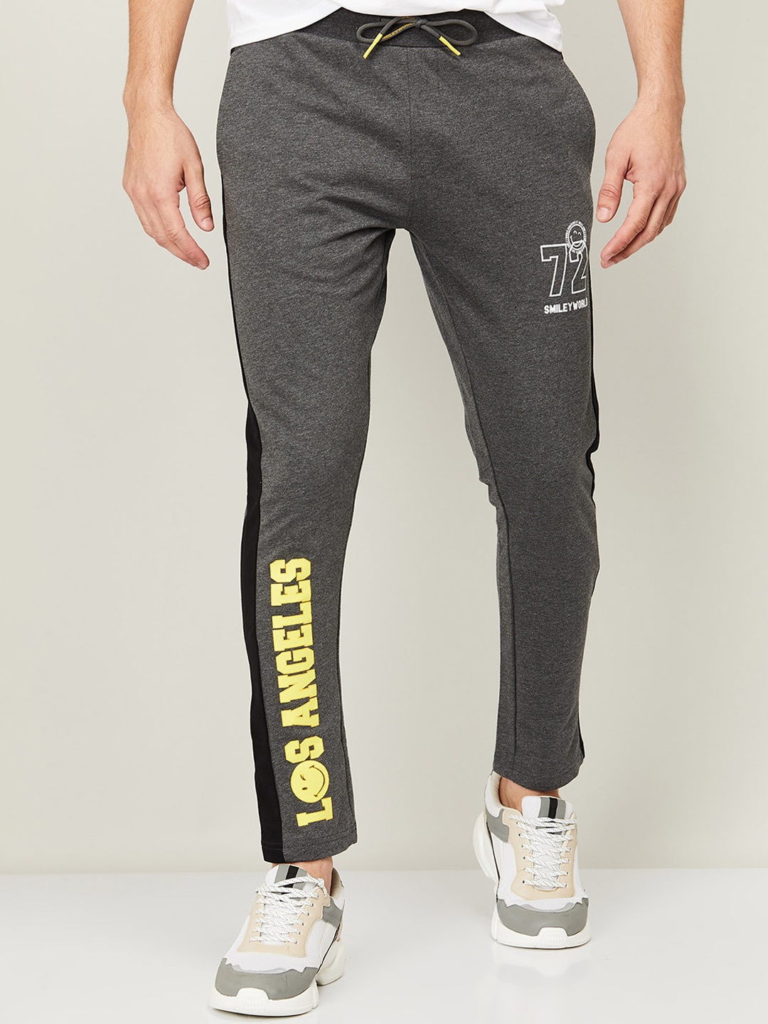 

SmileyWorld Men Grey & Yellow Printed Cotton Slim-Fit Track Pants