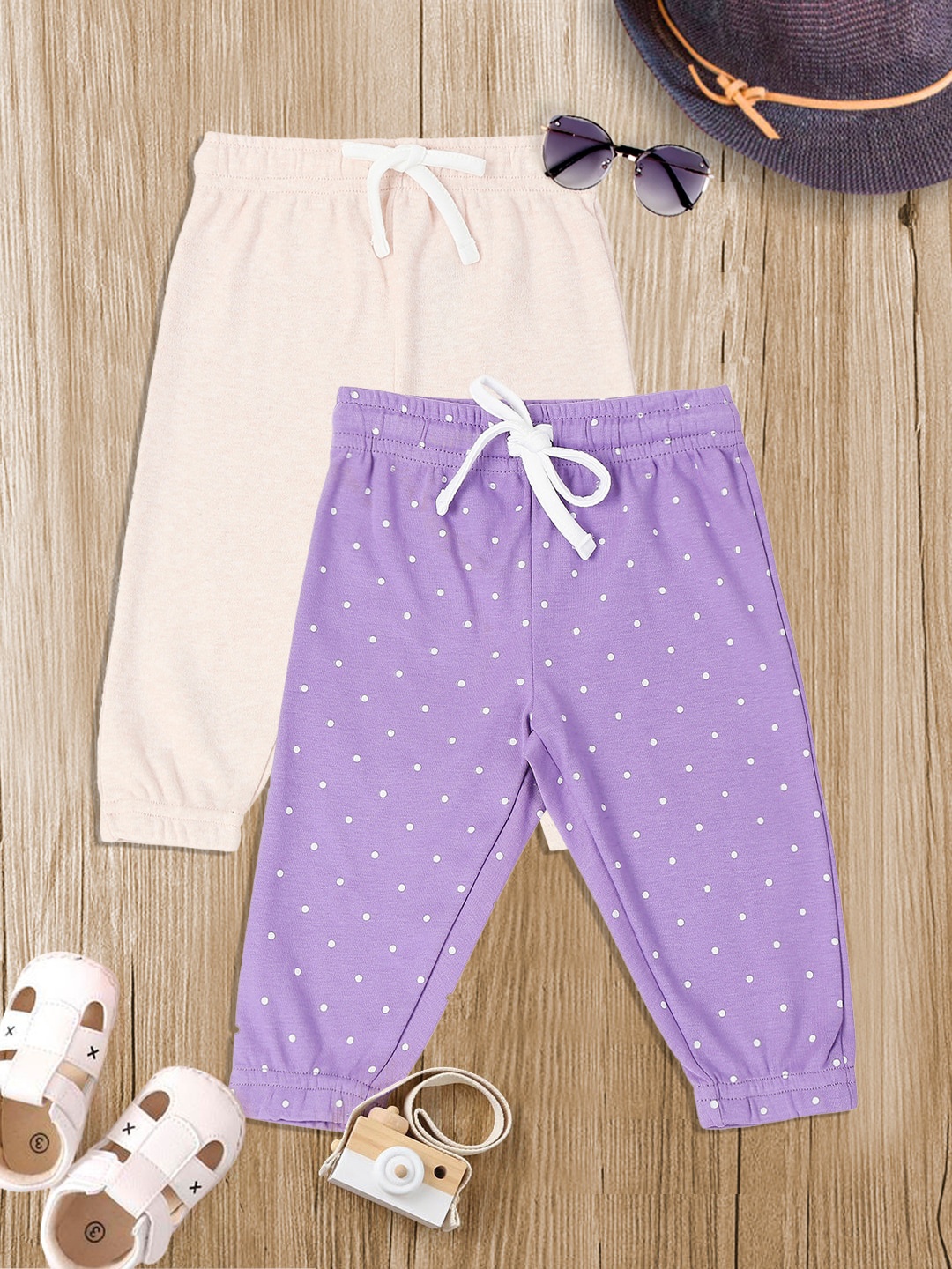 

MeeMee Infant Girls Pack Of 2 Printed Cotton Joggers, Purple