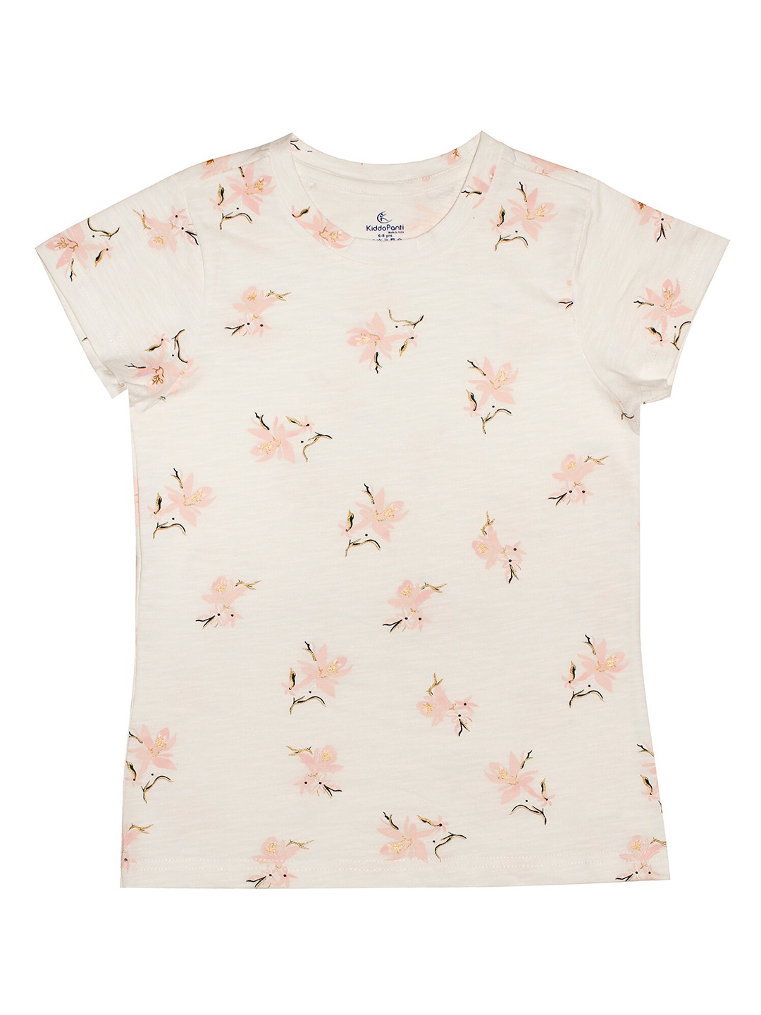 

KiddoPanti Girls Off White & Pink Floral Printed Pure Cotton T-shirt