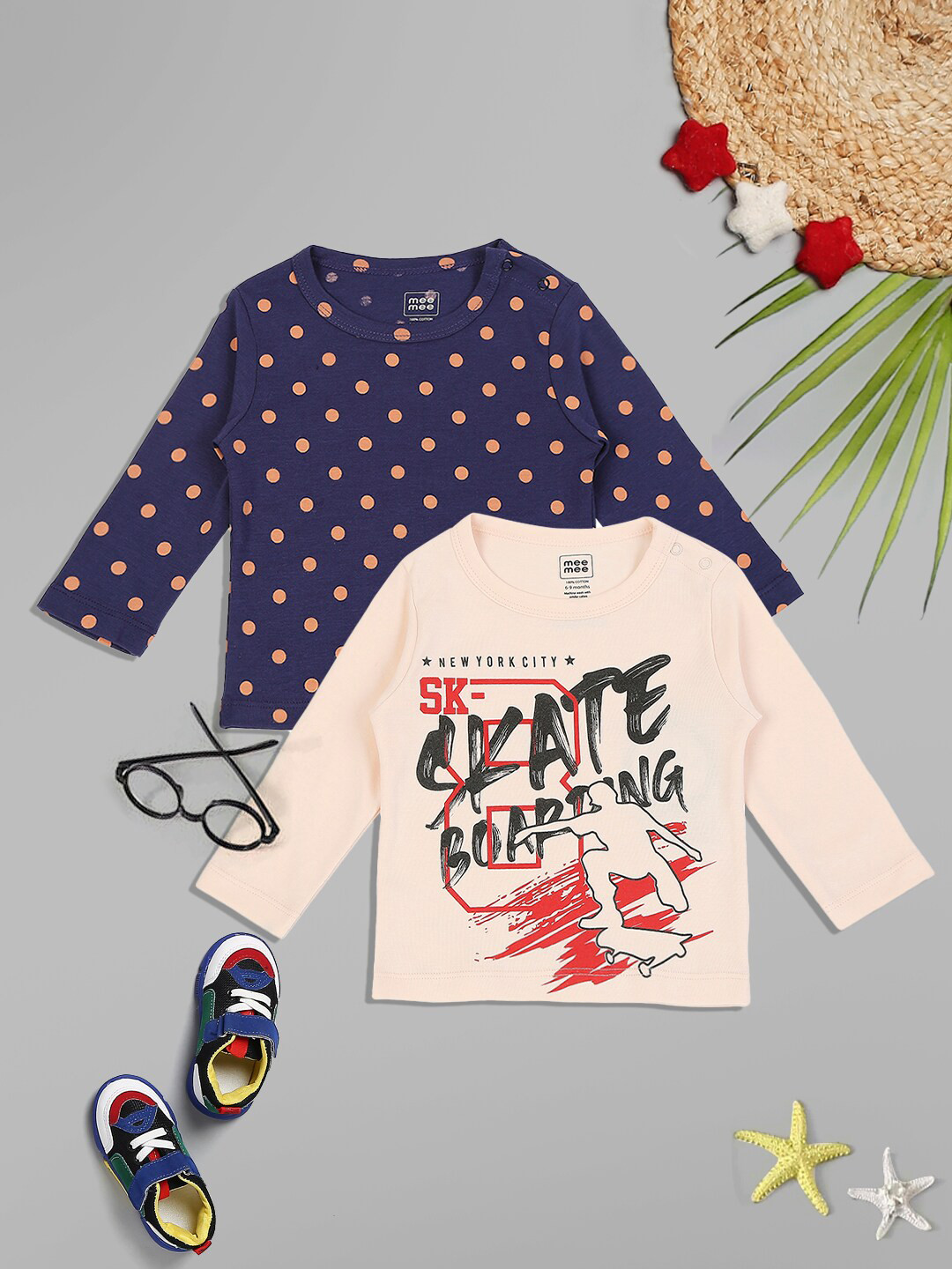 

MeeMee Navy Blue & Pink Pack of 2 Printed Cotton Top