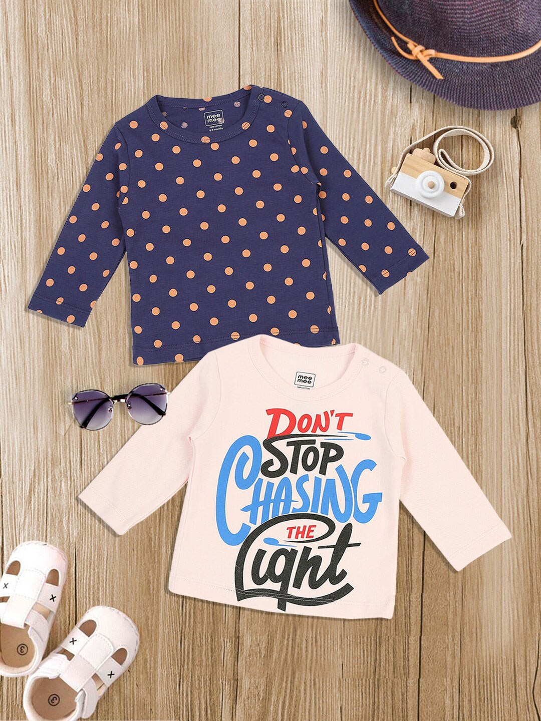 

MeeMee Girls Set Of 2 Navy Blue & Pink Printed Cotton Top