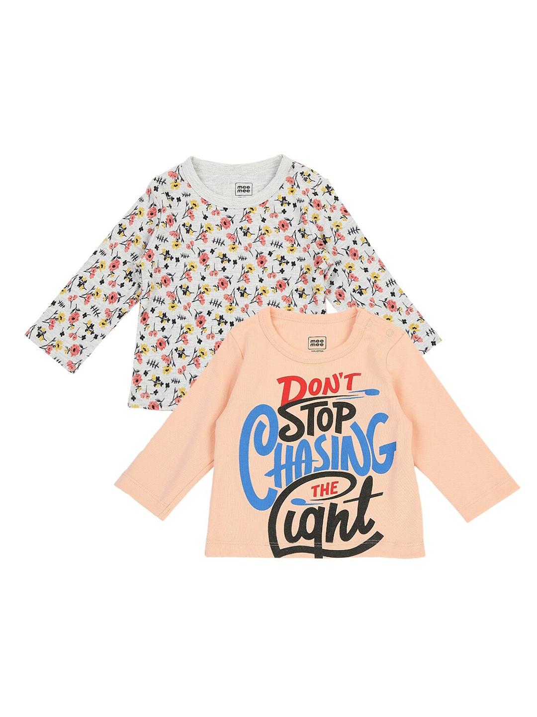 

MeeMee Girls Set Of 2 Peach-Coloured & Grey Melange Printed Cotton Top