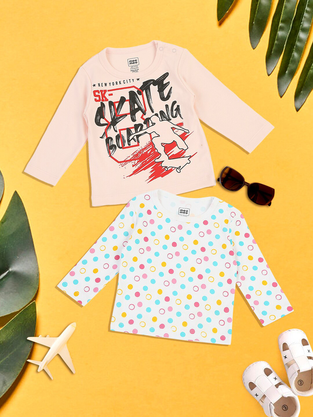 

MeeMee Pink & White Pack of 2 Printed Cotton Top