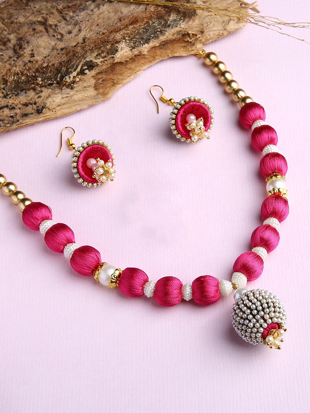

AKSHARA Girls Gold-Plated & Pink Silk Thread Jewellery Set