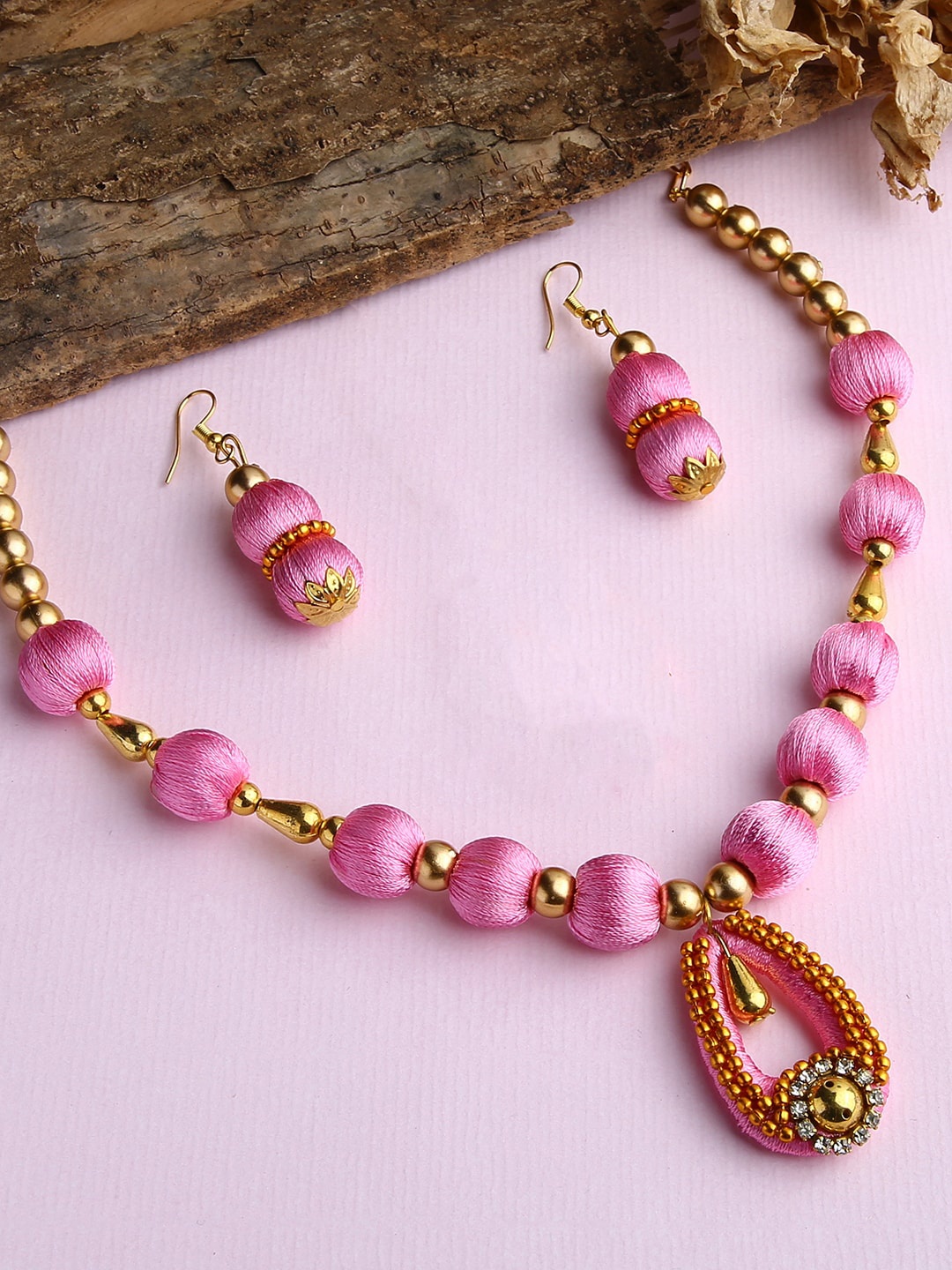 

AKSHARA Gold-Plated Pink Stone-Studded Jewellery Set, Rose