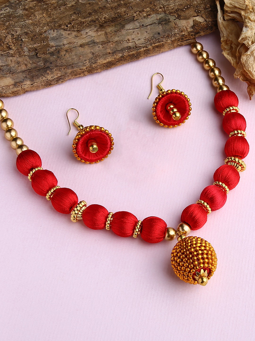 

AKSHARA Girls Gold-Plated & Red Silk Thread Jewellery Set