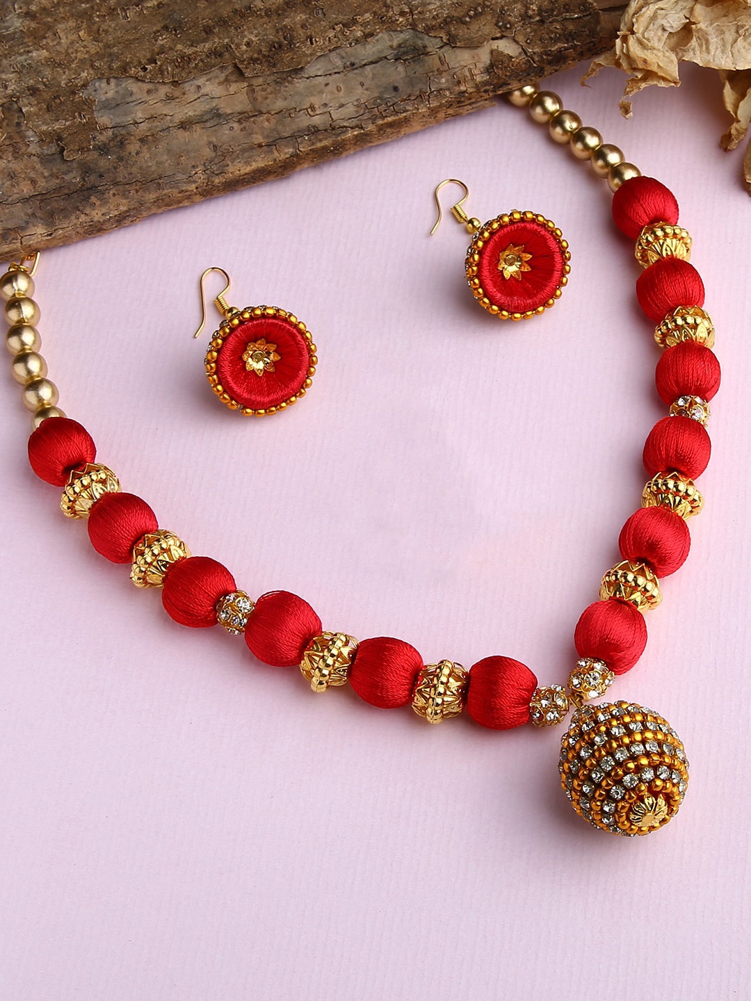 

AKSHARA Girls Gold-Plated Red & White Stone Studded Beaded Silk Thread Jewellery Set