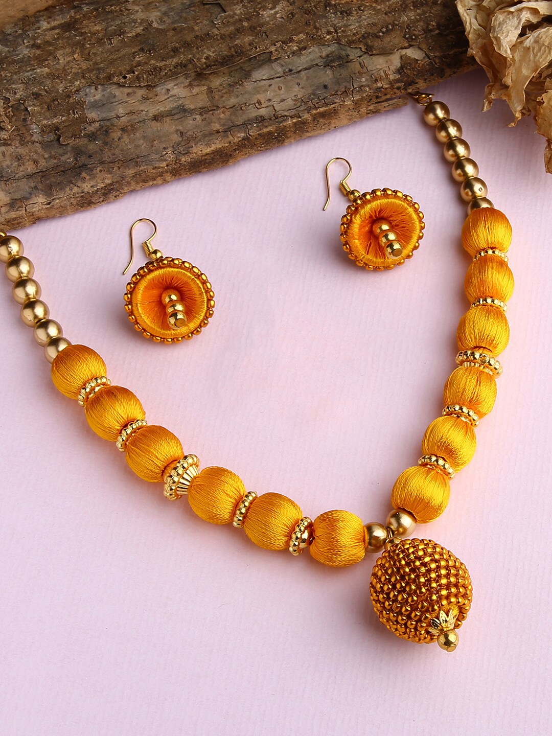 

AKSHARA Gold-Plated Yellow Beaded Silk Thread Necklace Set