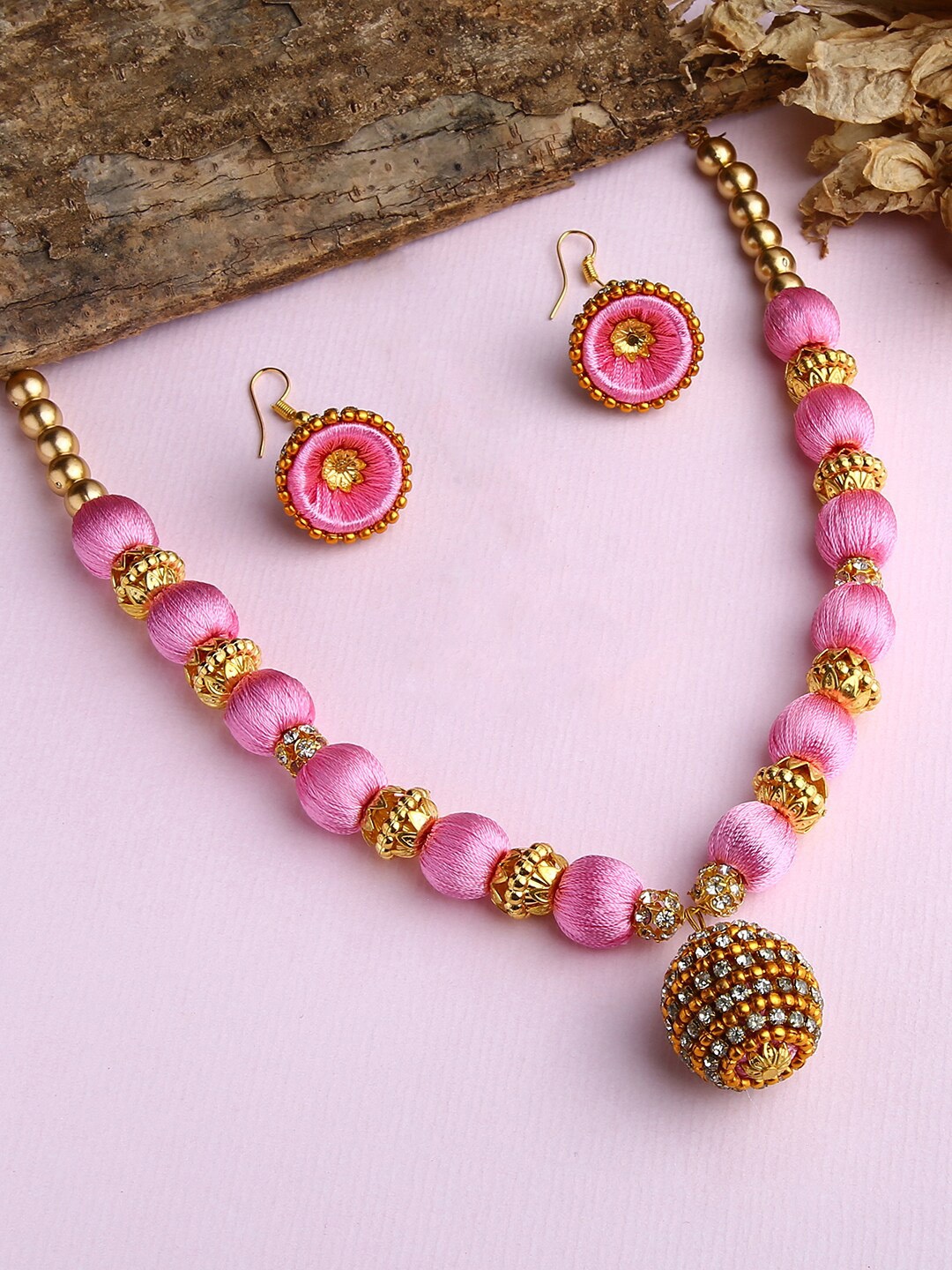 

AKSHARA Girls Gold-Plated & Rose-Pink Stones-Studded & Beaded Jewellery Set