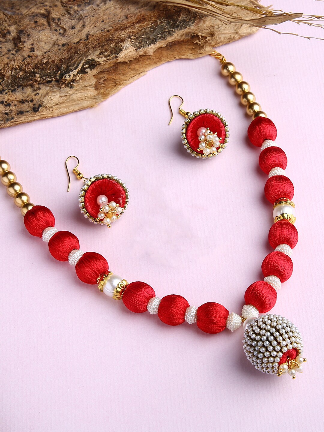 

AKSHARA Girls Gold-Plated Red Stones-Studded & Beaded Jewellery Set