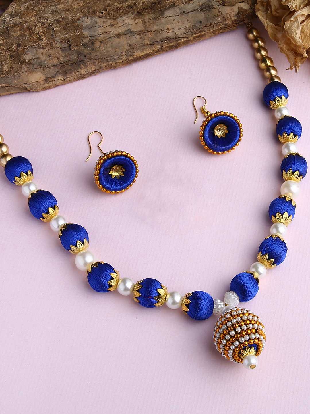 

AKSHARA Girls Gold-Plated & Blue Stones-Studded & Beaded Jewellery Set
