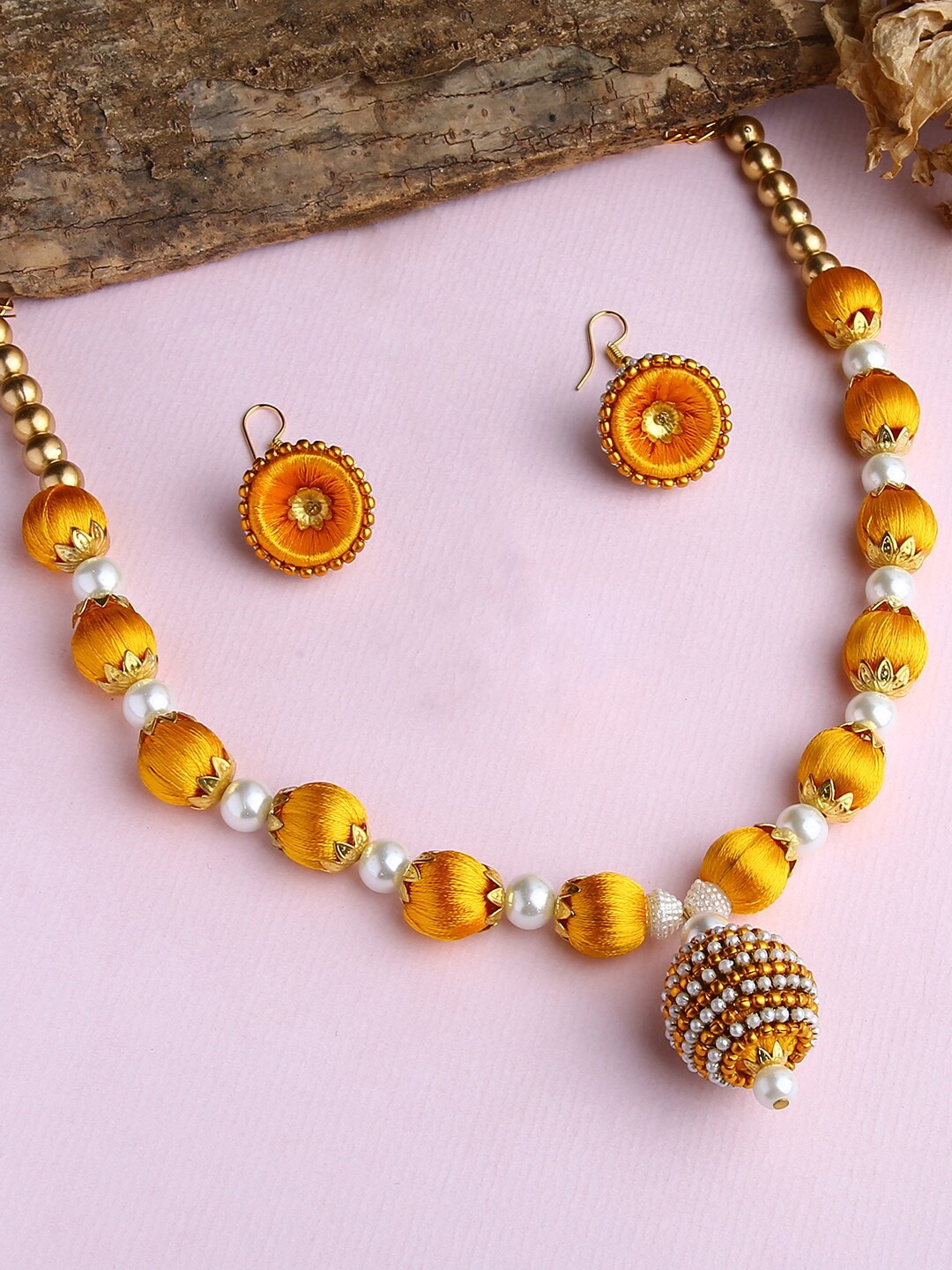 

AKSHARA Gold-Plated White & Yellow Beaded Thread Jewellery Set