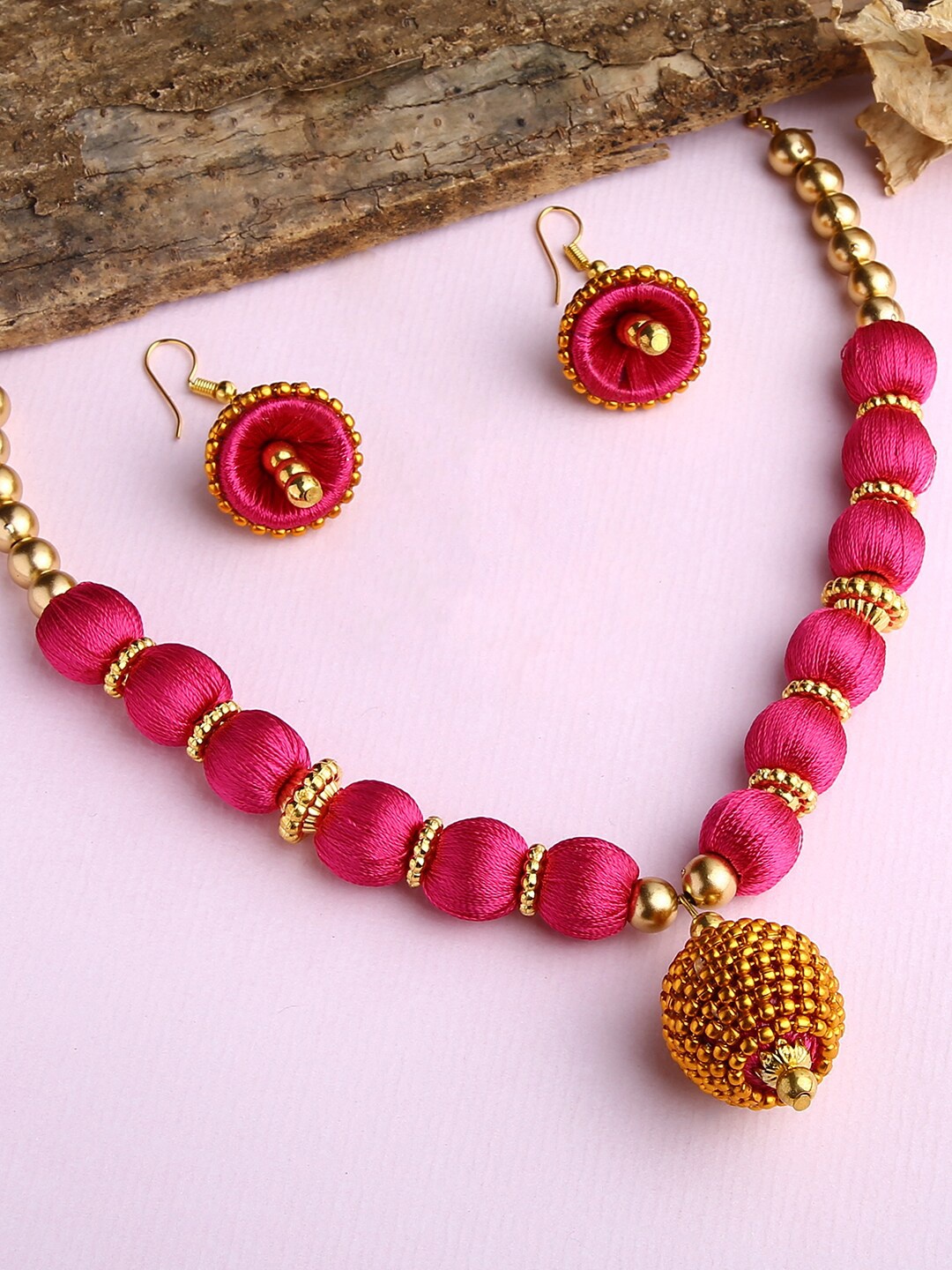 

AKSHARA Girls Gold-Plated Pink Handcrafted Silk Thread Necklace Set