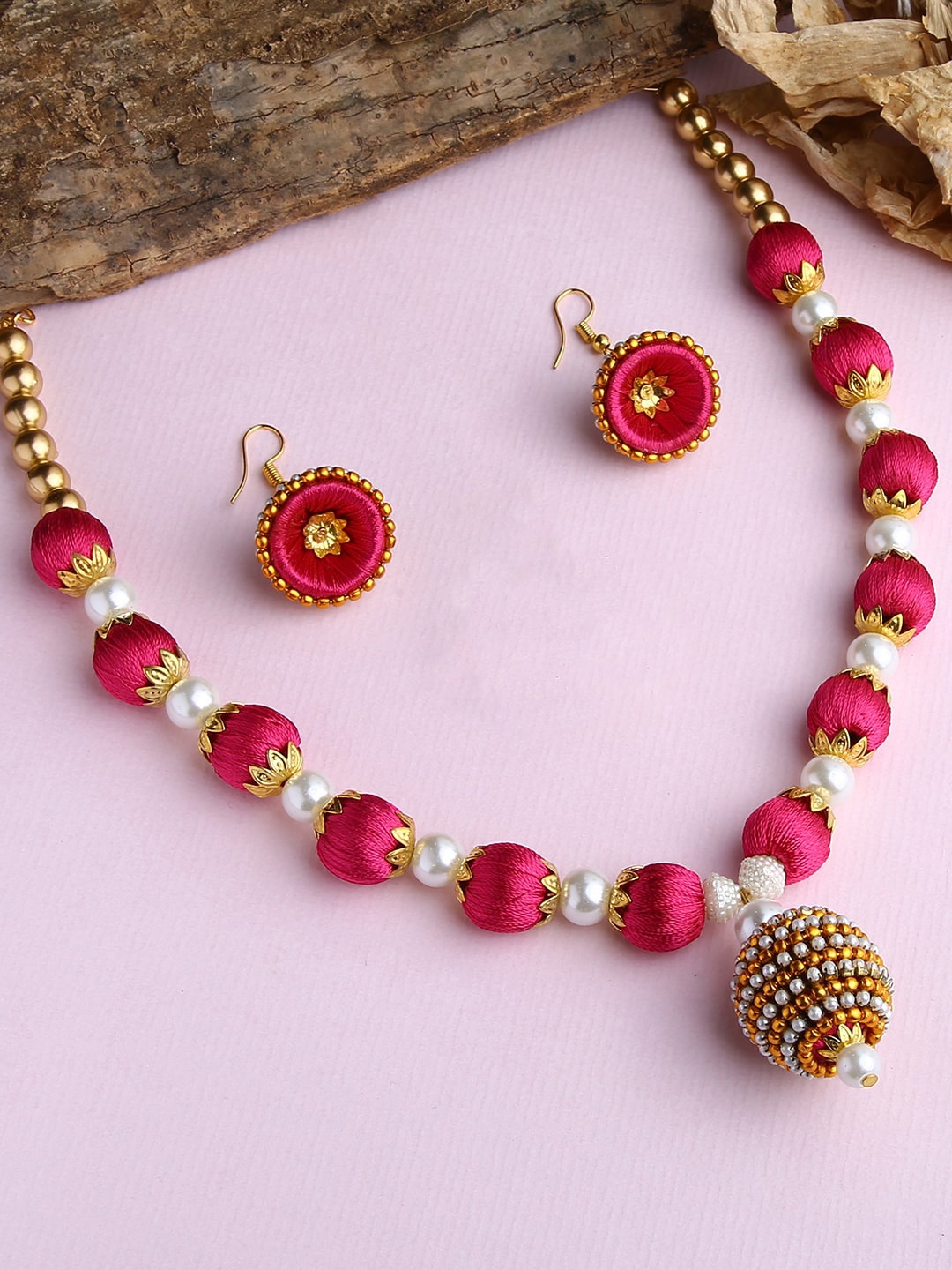

AKSHARA Gold-Plated & Pink Silk Thread Jewellery Set