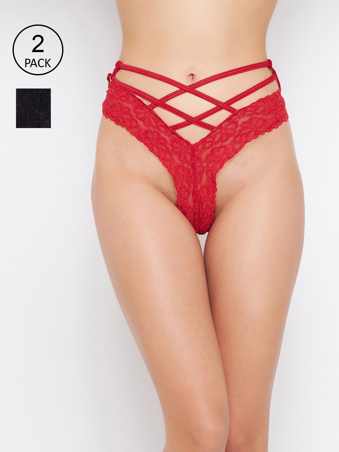 

SECRETS BY ZEROKAATA Women Pack of 2 Assorted Self Design Lace Thong Briefs