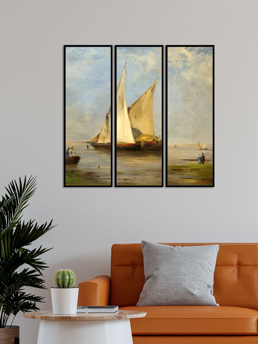 

999Store Set Of 3 Beige & Blue Boat With Men Wall Painting