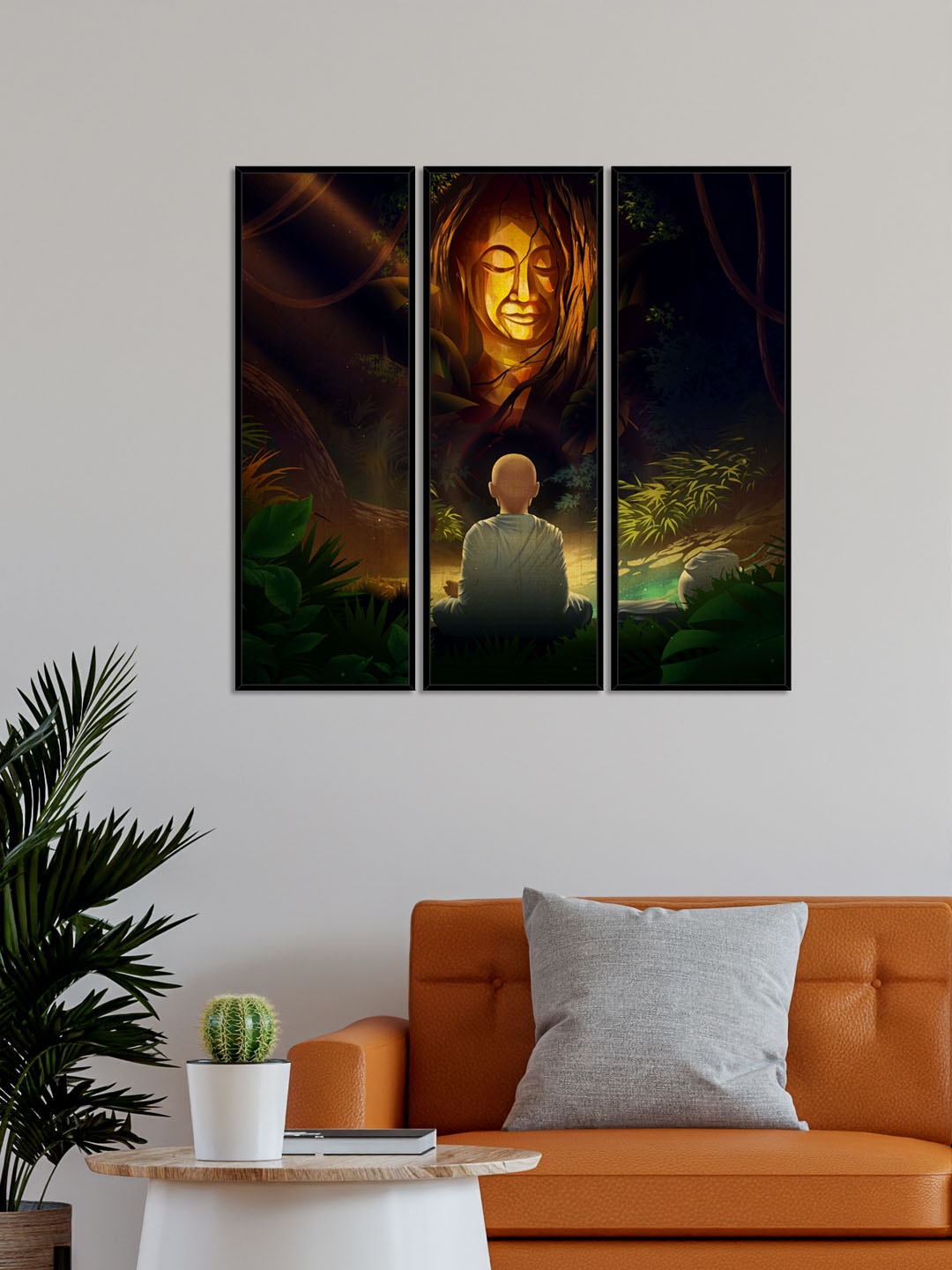 

999Store Set Of 3 Green & Brown Face Of Lord Buddha Wall Art Painting