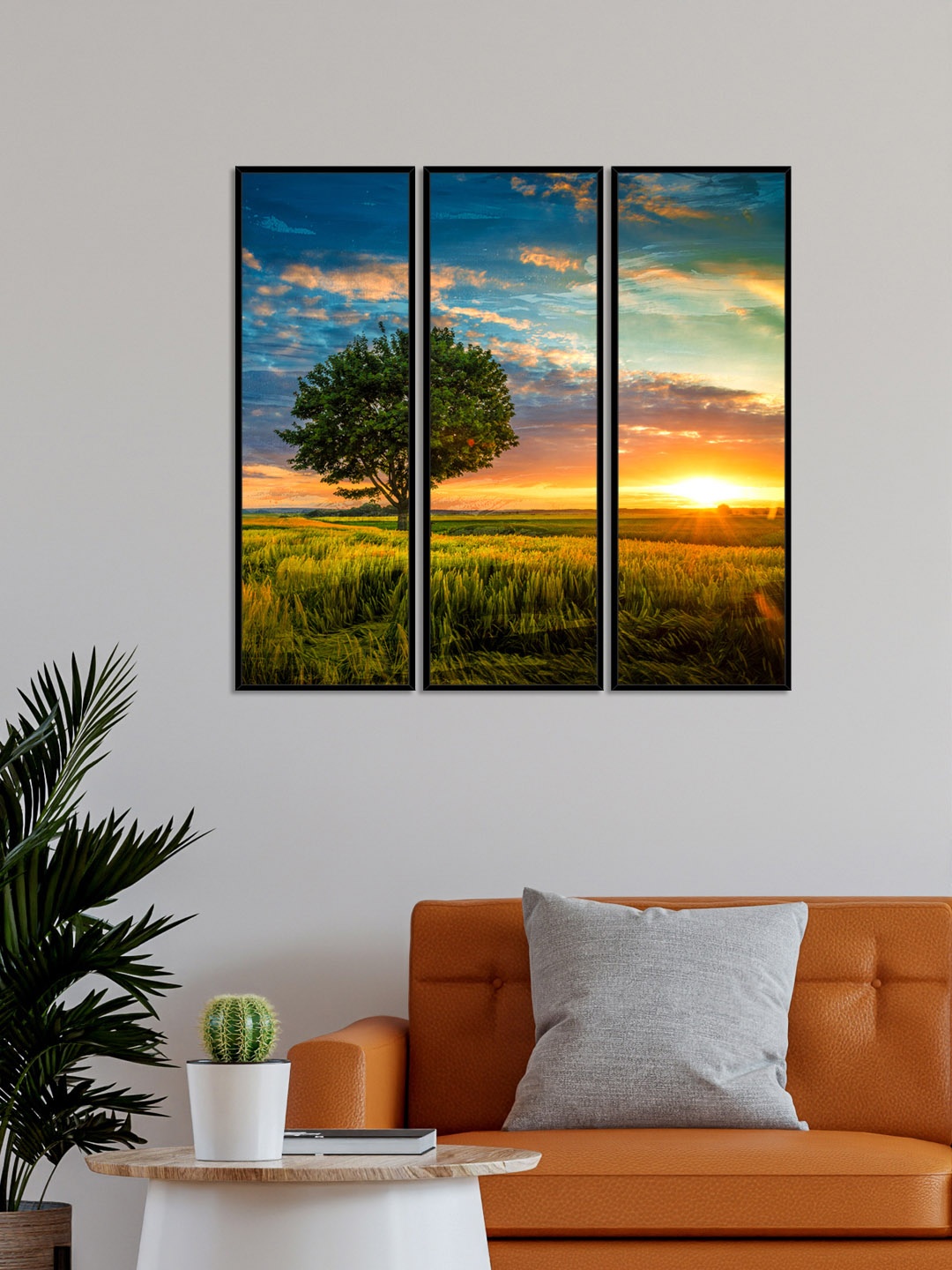 

999Store Set of 3 Multi-Coloured Tree With Sunset Nature Printed Framed Wall Painting