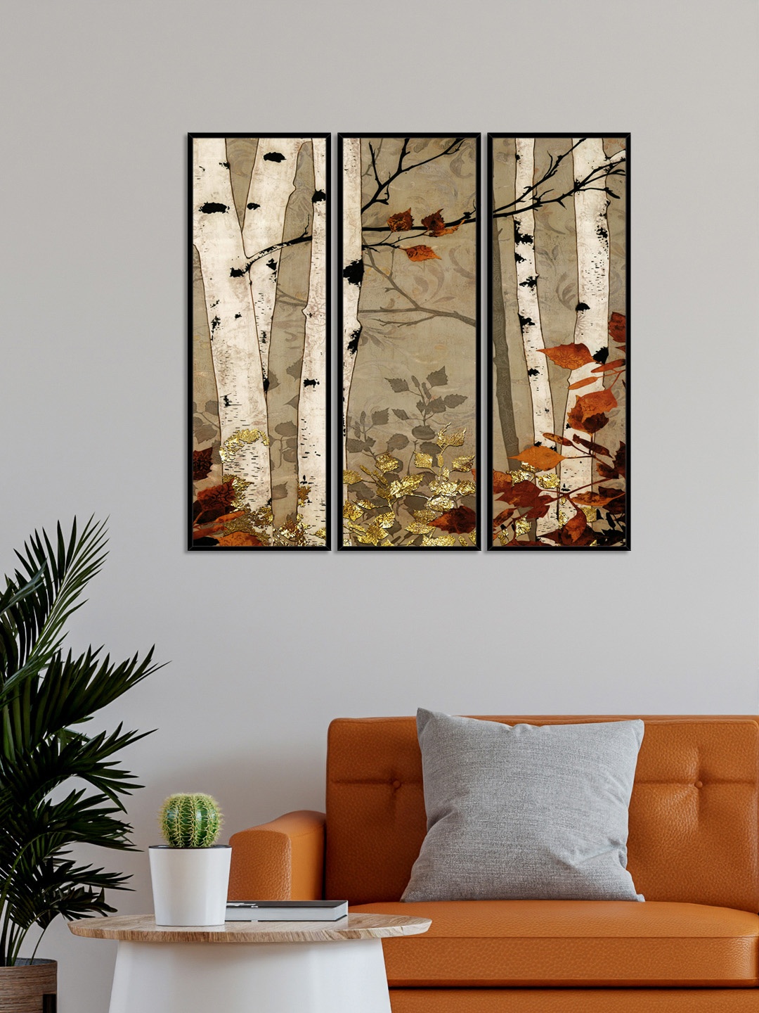 

999Store Set Of 3 Paper Birch Tree With Leaves Painting Wall Art, Brown