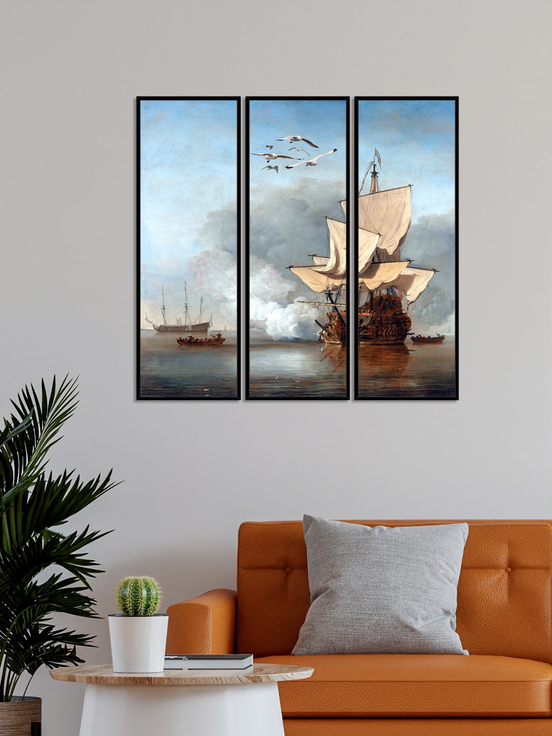 

999Store Set Of 3 Multi-Coloured Boat With Birds Printed Framed Wall Painting