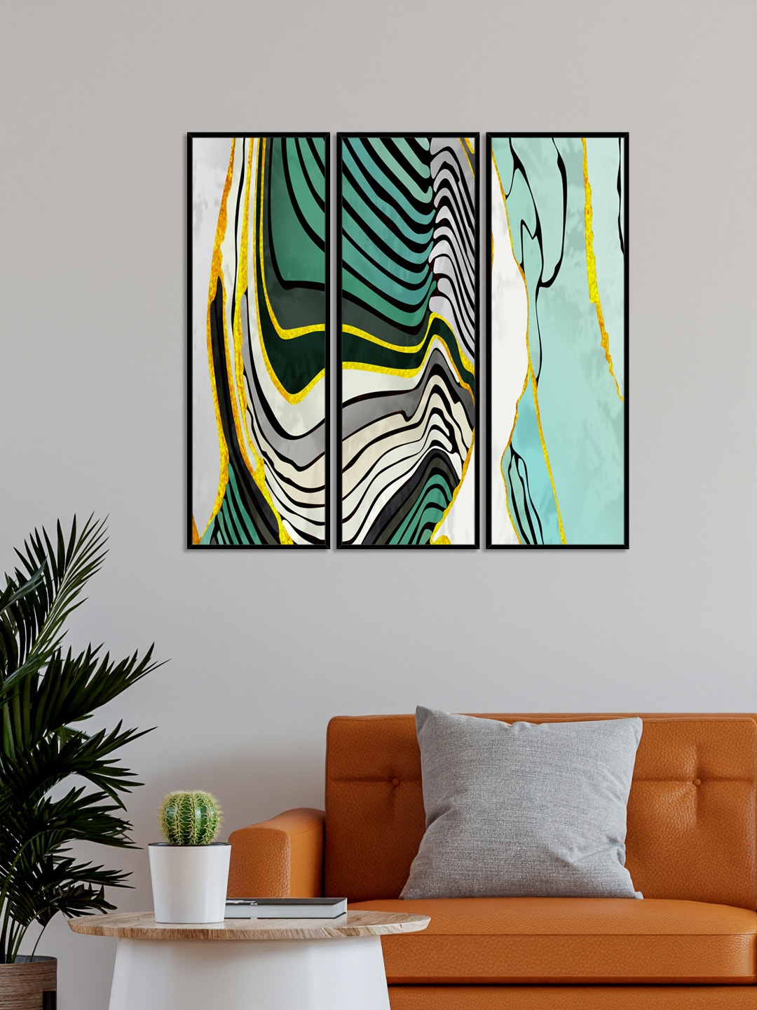 

999Store Set Of 3 Sea Green & Black Abstract Painting Framed Wall Art