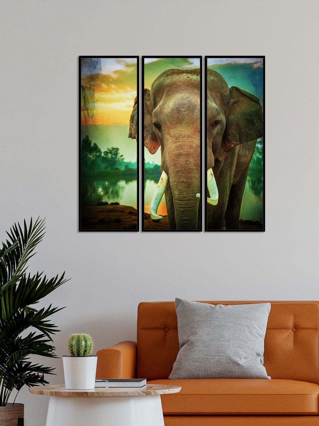 

999Store Set Of 3 Beautiful Elephant Framed Wall Art Paintings, Green