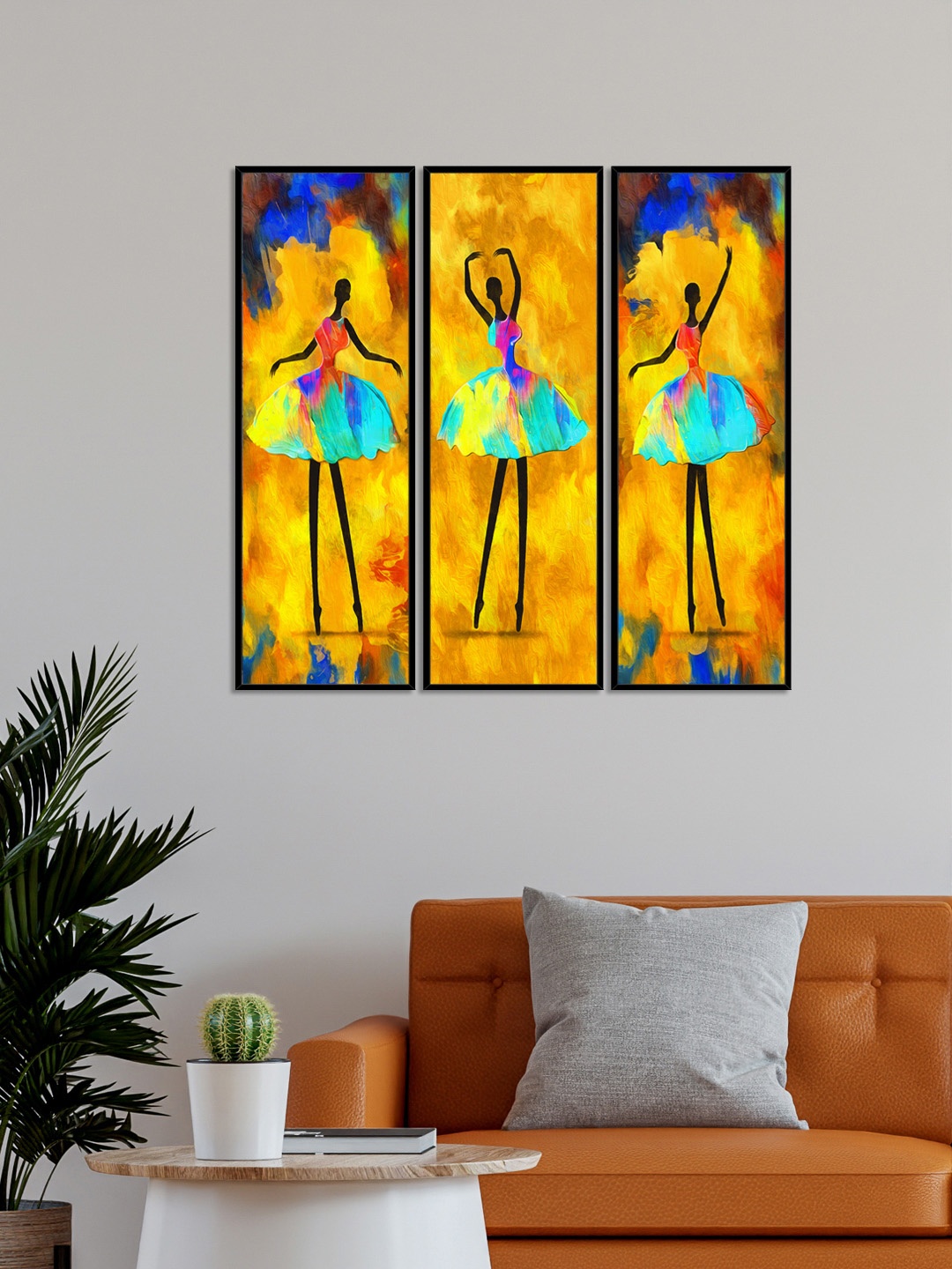 

999Store Set Of 3 Dancing Girls Framed Wall Art Paintings, Yellow