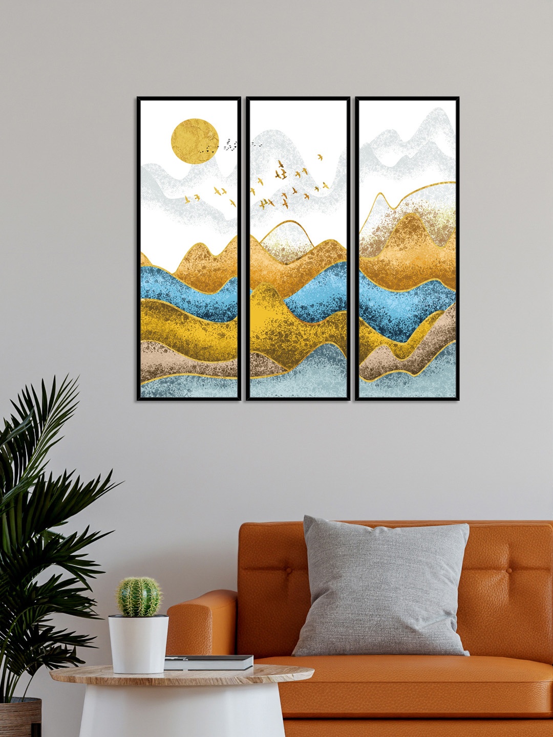 

999Store Set Of 3 Yellow & Blue Mountain Nature With Flying Birds Painting Wall Art