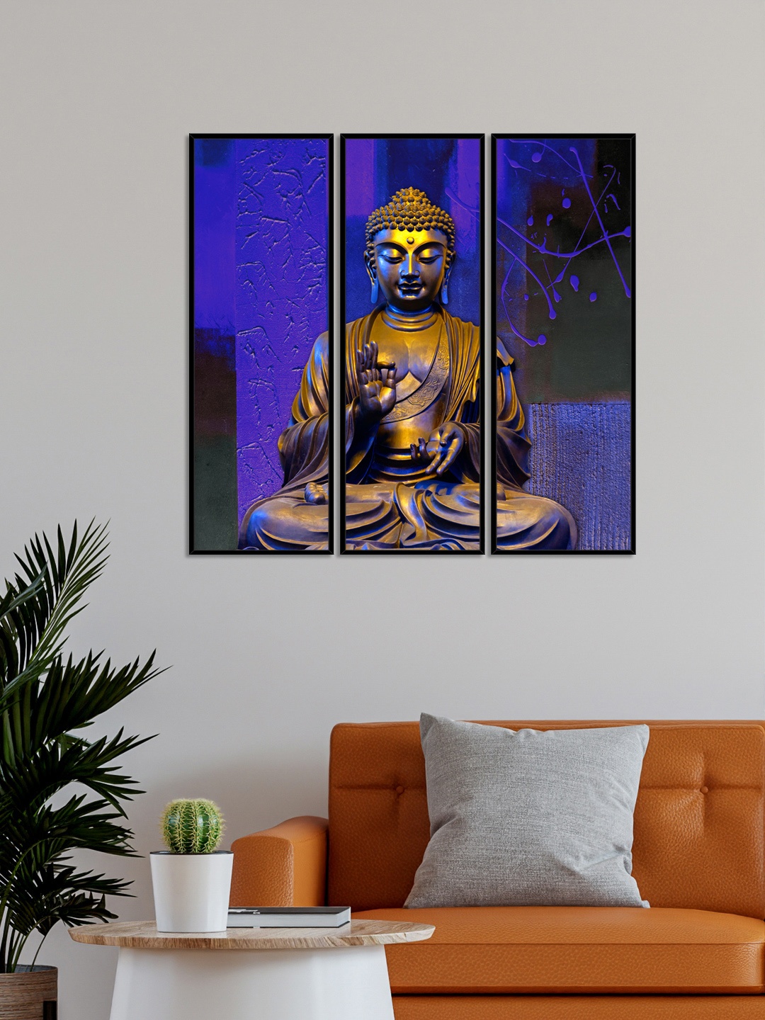 

999Store Set Of 3 Sitting Lord Buddha Wall Art Painting, Blue