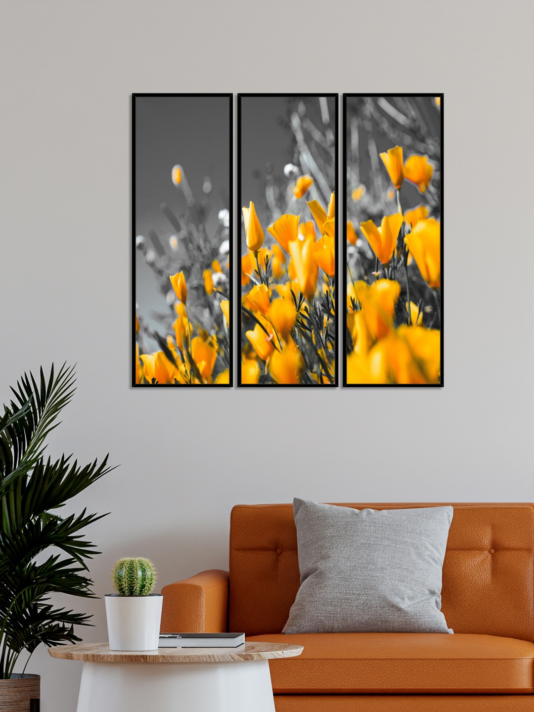 

999Store Set Of 3 Yellow & Grey Floral and Botanical Wall Art Painting