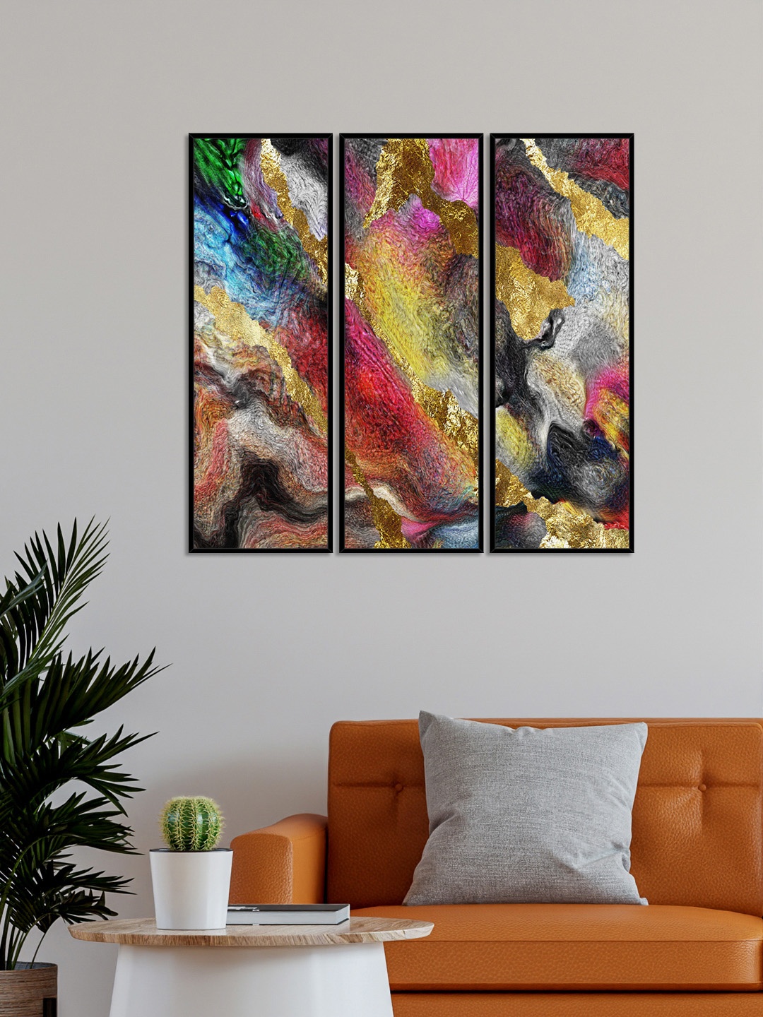 

999Store Set of 3 Pink & Yellow Abstract Canvas Framed Wall Art