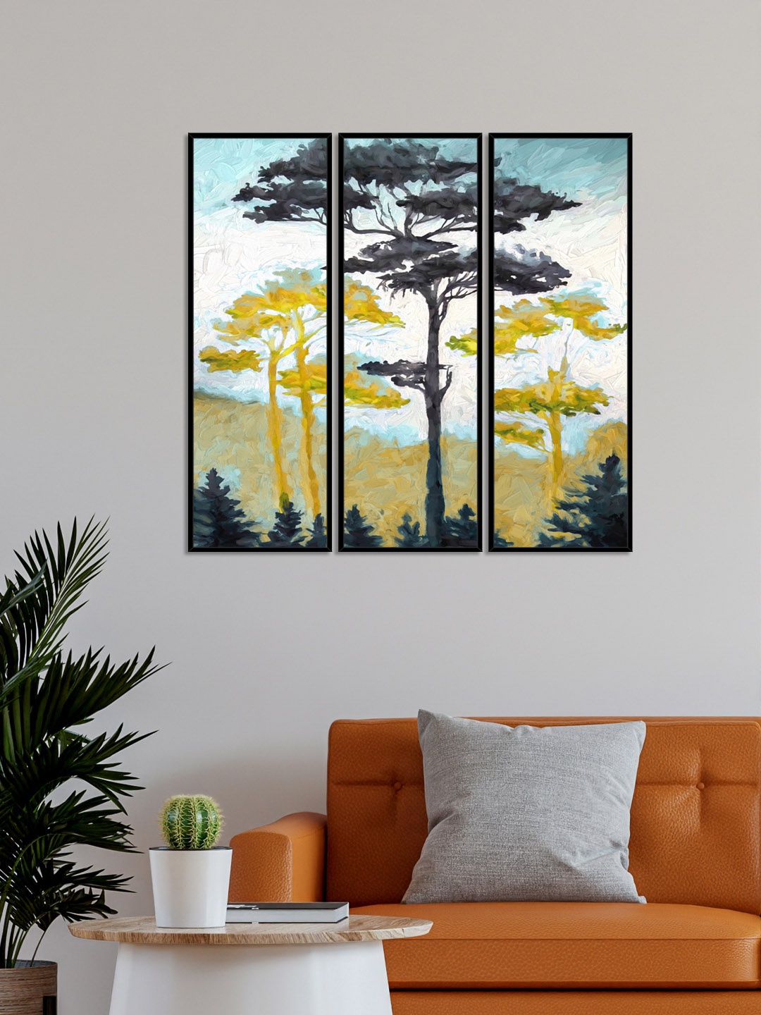 

999Store Set Of 3 Yellow & Blue Colorful Pine Tree Wall Painting