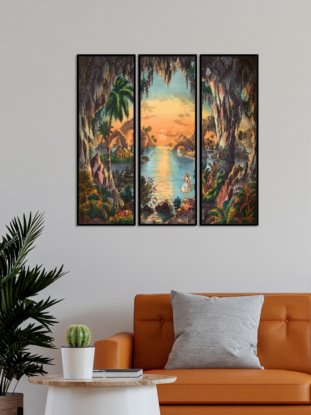 

999Store Set Of 3 Brown Nature Sunrise With River Wall Art