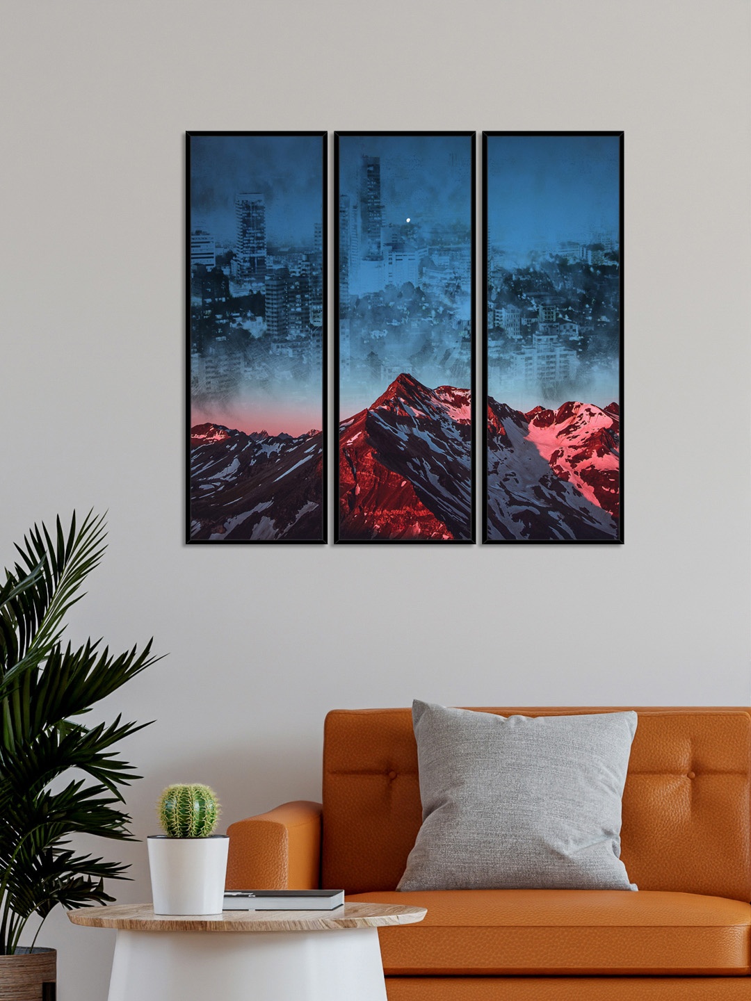 

999Store Set Of 3 Blue & Red Mountains With Moon Modern Wall Paintings