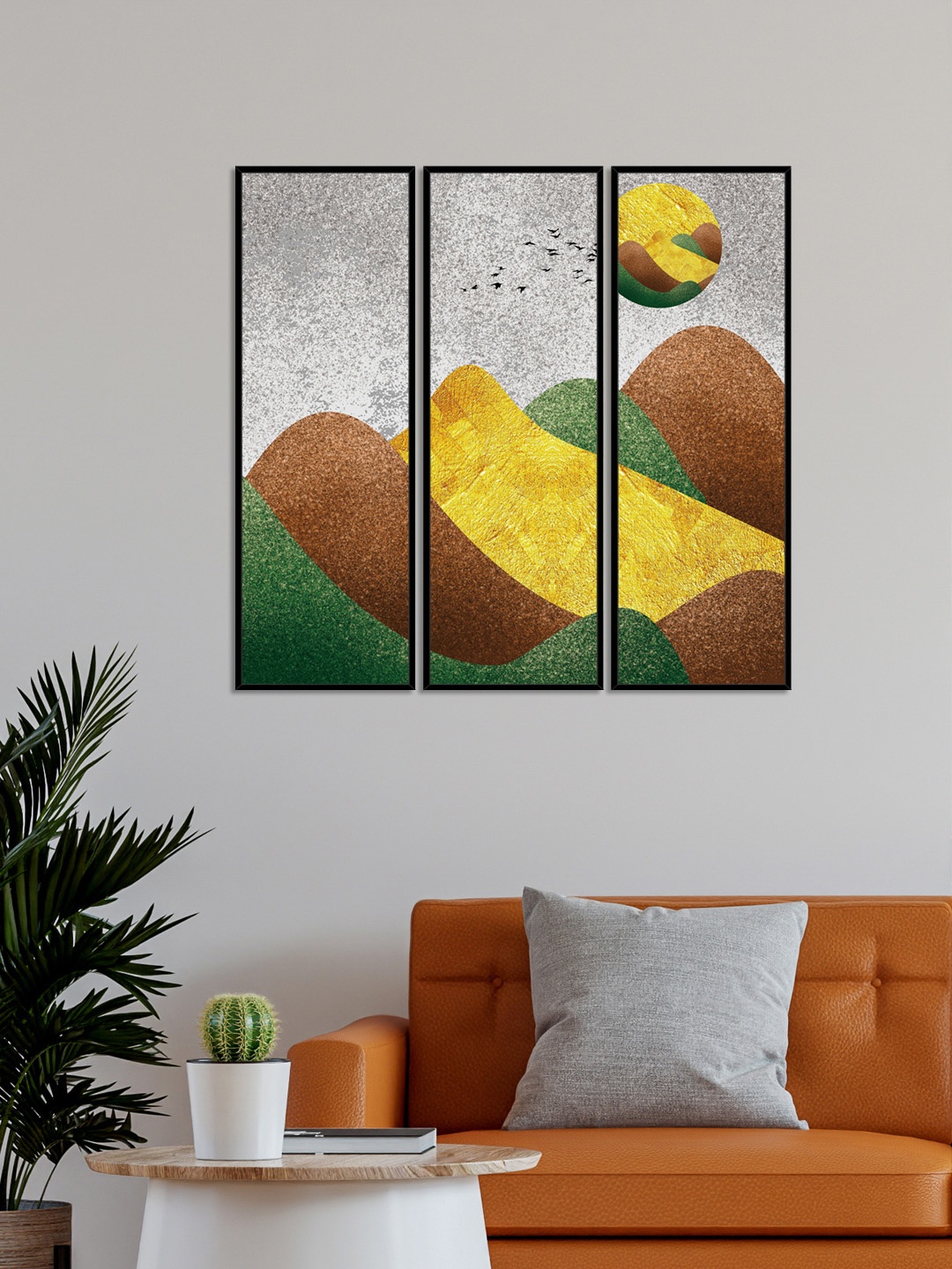 

999Store Set Of 3 Mountain Abstract With Birds Framed Wall Art Paintings, Brown