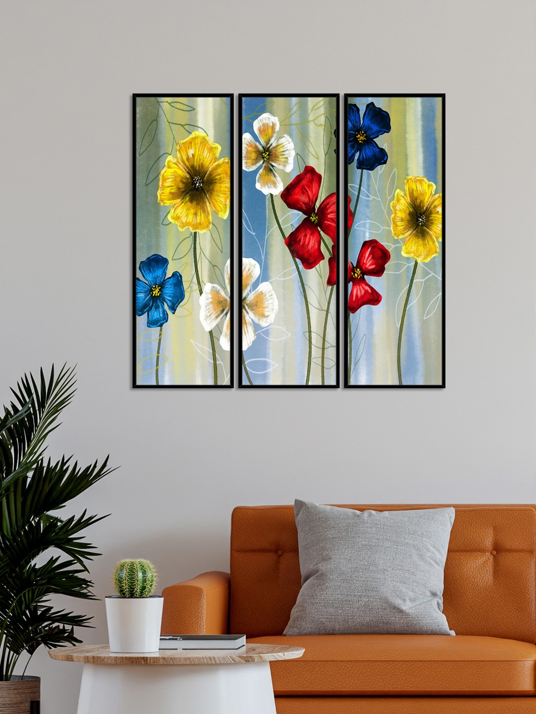 

999Store Set Of 3 Blooming Poppy Flower Framed Wall Art Paintings, Blue