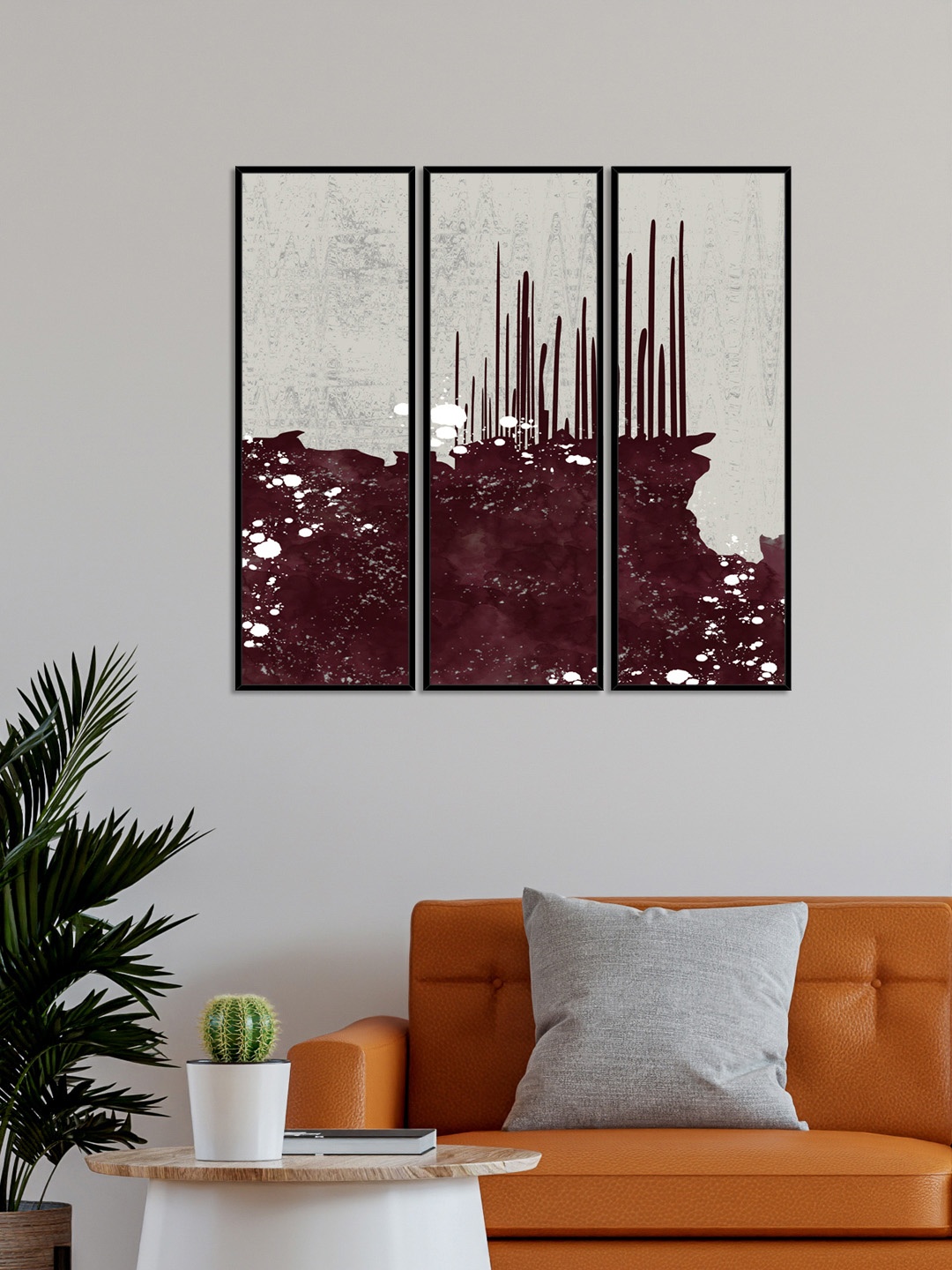 

999Store Set Of 3 Grey & Maroon Abstract Canvas Painting Framed Wall Art