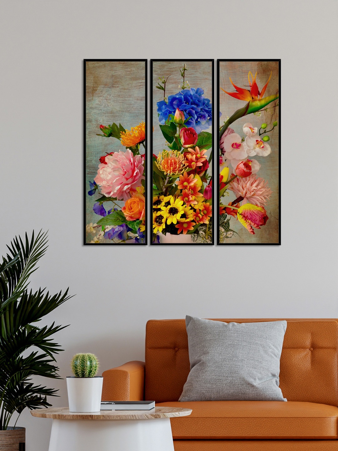 

999Store Set Of 3 Grey & Blue Flowers Painting Framed Wall Art