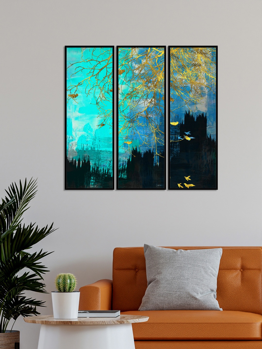 

999Store Set Of 3 Blue Golden Tree With Birds Painting Wall Art