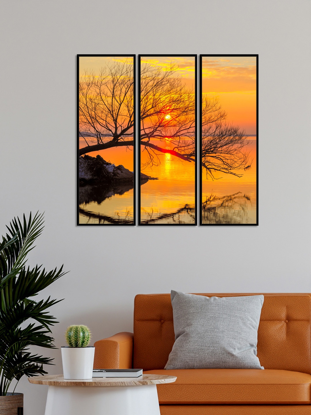 

999Store Set Of 3 Beautiful Sunset Printed Framed Wall Art, Brown