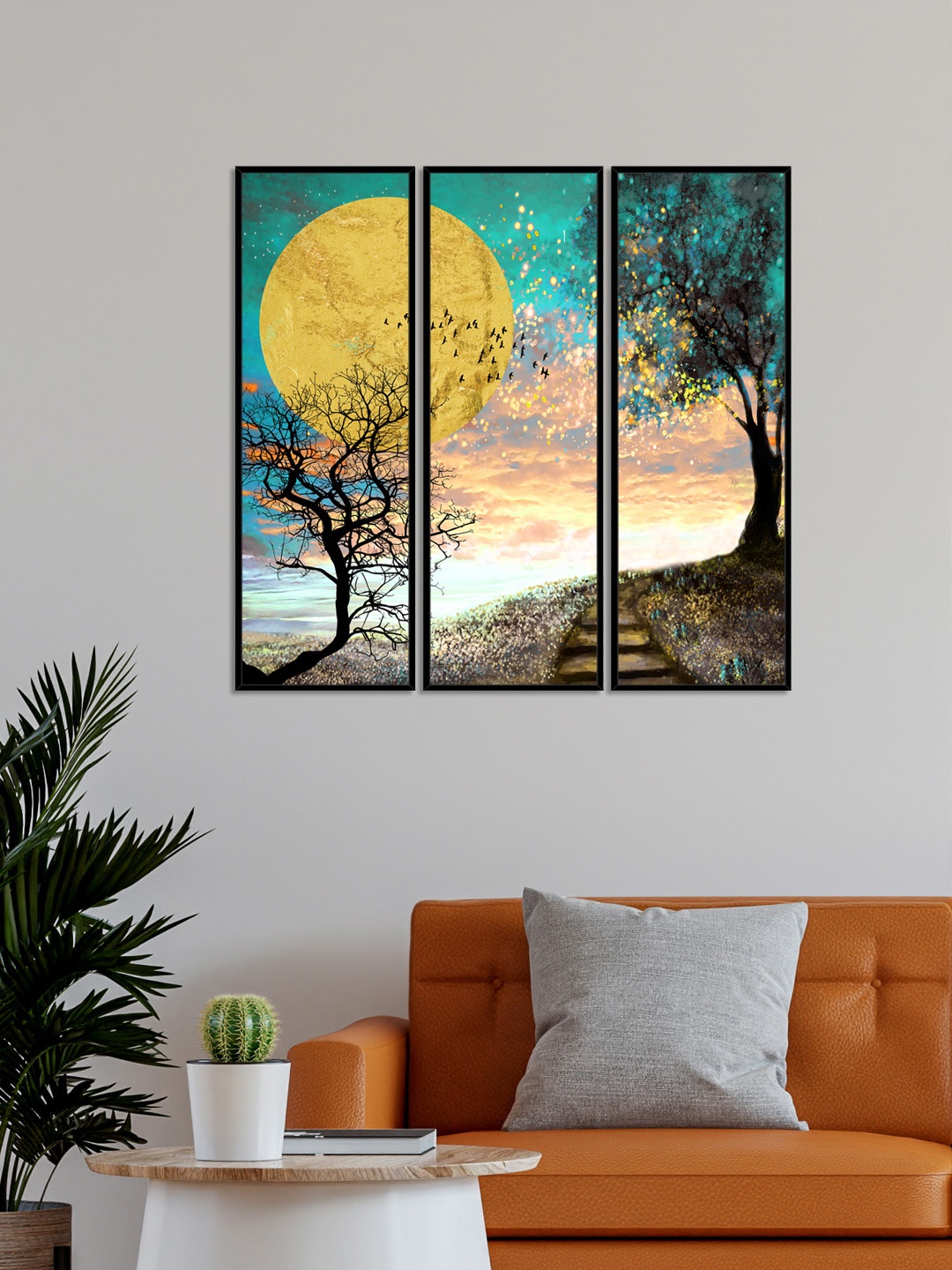 

999Store Set Of 3 Sunset With Nature Wall Art Paintings, Blue